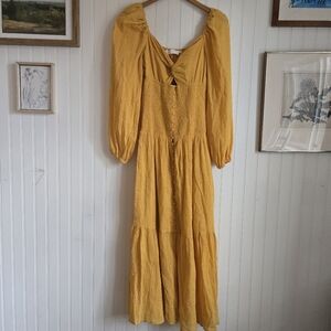 Astr The Label Bohemian Flowy Mustard Yellow Long Sleeve Ruched Maxi Dress